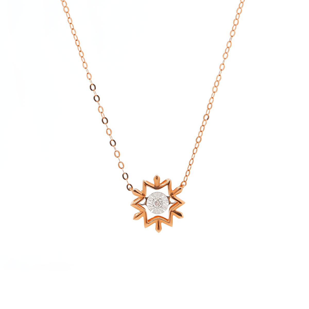 14K Rose Gold Round Lab Diamond Star Pendant Necklace with Round Lab Diamond in A Diamond - Cut Texture Halo - MMR