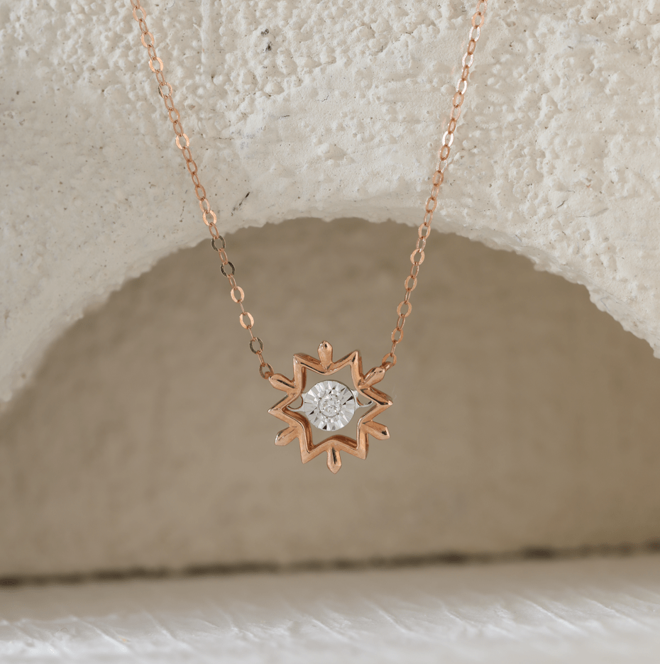 14K Rose Gold Round Lab Diamond Star Pendant Necklace with Round Lab Diamond in A Diamond - Cut Texture Halo - MMR