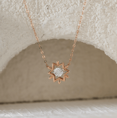 14K Rose Gold Round Lab Diamond Star Pendant Necklace with Round Lab Diamond in A Diamond - Cut Texture Halo - MMR