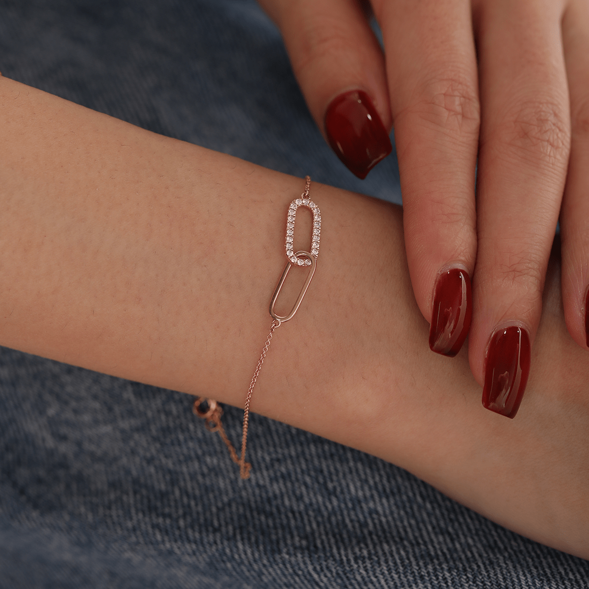 14K Rose Gold Round Lab Diamond Toi et Moi Pendant Chain Bracelet - MMR