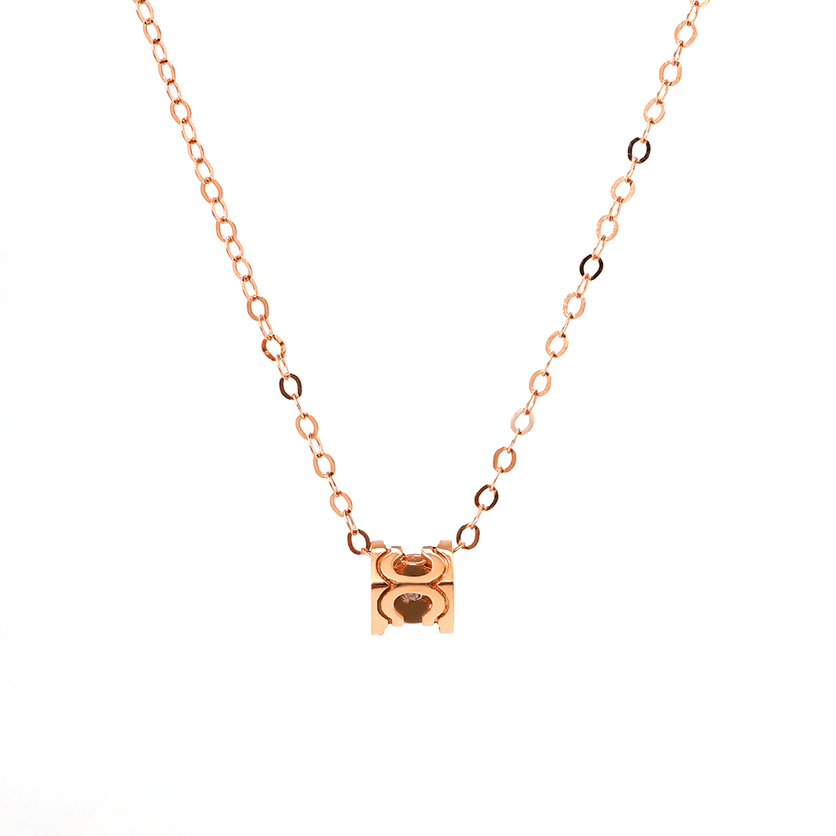 14K Rose Gold U Shape Pendant Necklace with Round Lab Diamond in A Diamond - Cut Texture Halo - MMR