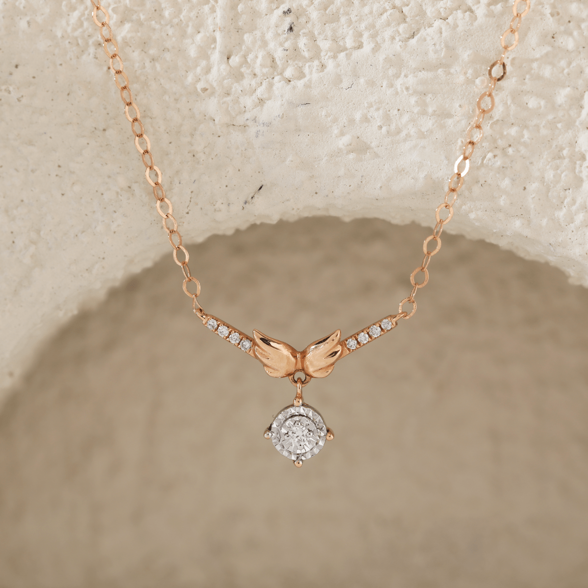 14K Rose Gold Wing Pendant Necklace with Round Lab Diamond in A Diamond - Cut Texture Halo - MMR