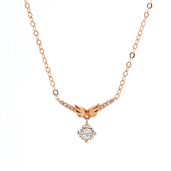 14K Rose Gold Wing Pendant Necklace with Round Lab Diamond in A Diamond - Cut Texture Halo - MMR
