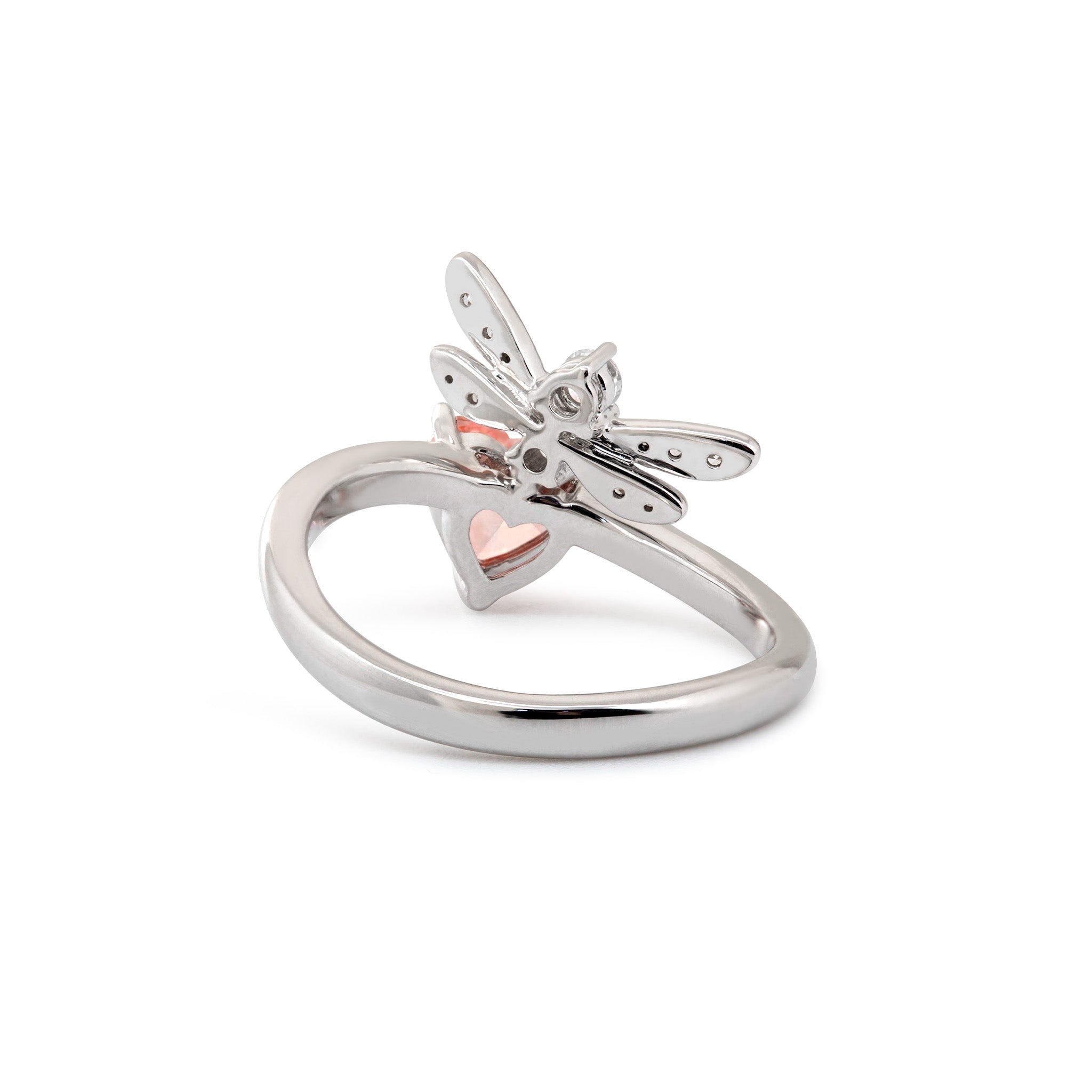 14K White Gold 0.89CT Dragonfly Design Heart Shaped Lab Pink Diamond Wave Band Ring - MMR