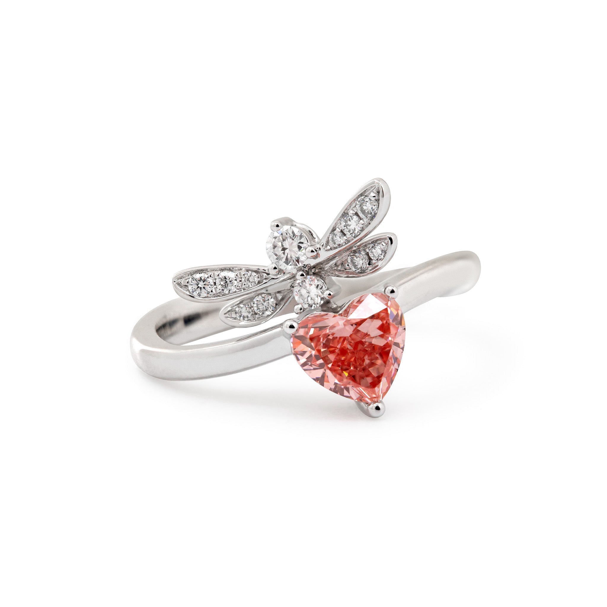 14K White Gold 0.89CT Dragonfly Design Heart Shaped Lab Pink Diamond Wave Band Ring - MMR