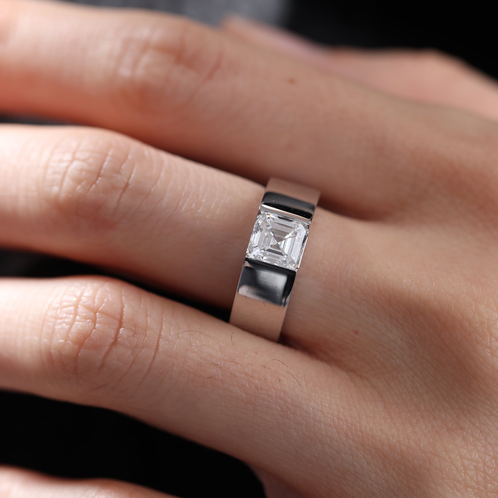 14K White Gold 1.38CT (IGI) Asscher Cut Lab Diamond Wide Band Design Ring - MMR