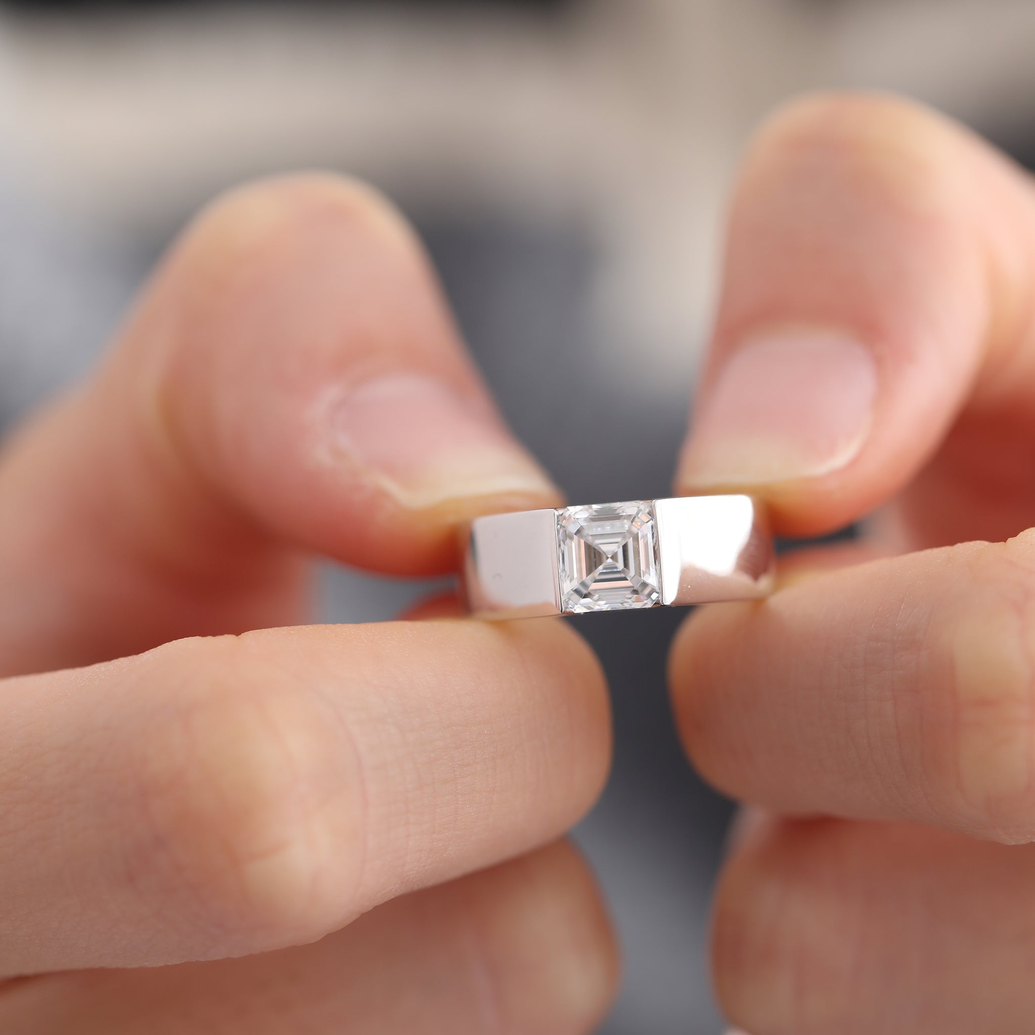 14K White Gold 1.38CT (IGI) Asscher Cut Lab Diamond Wide Band Design Ring - MMR