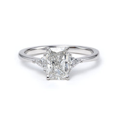 14K White Gold 1.5ct Radiant Cut Lab Diamond Three Stone Ring with Triangular Cut Lab Diamond Side Stones and Tapered Band Design - MMR