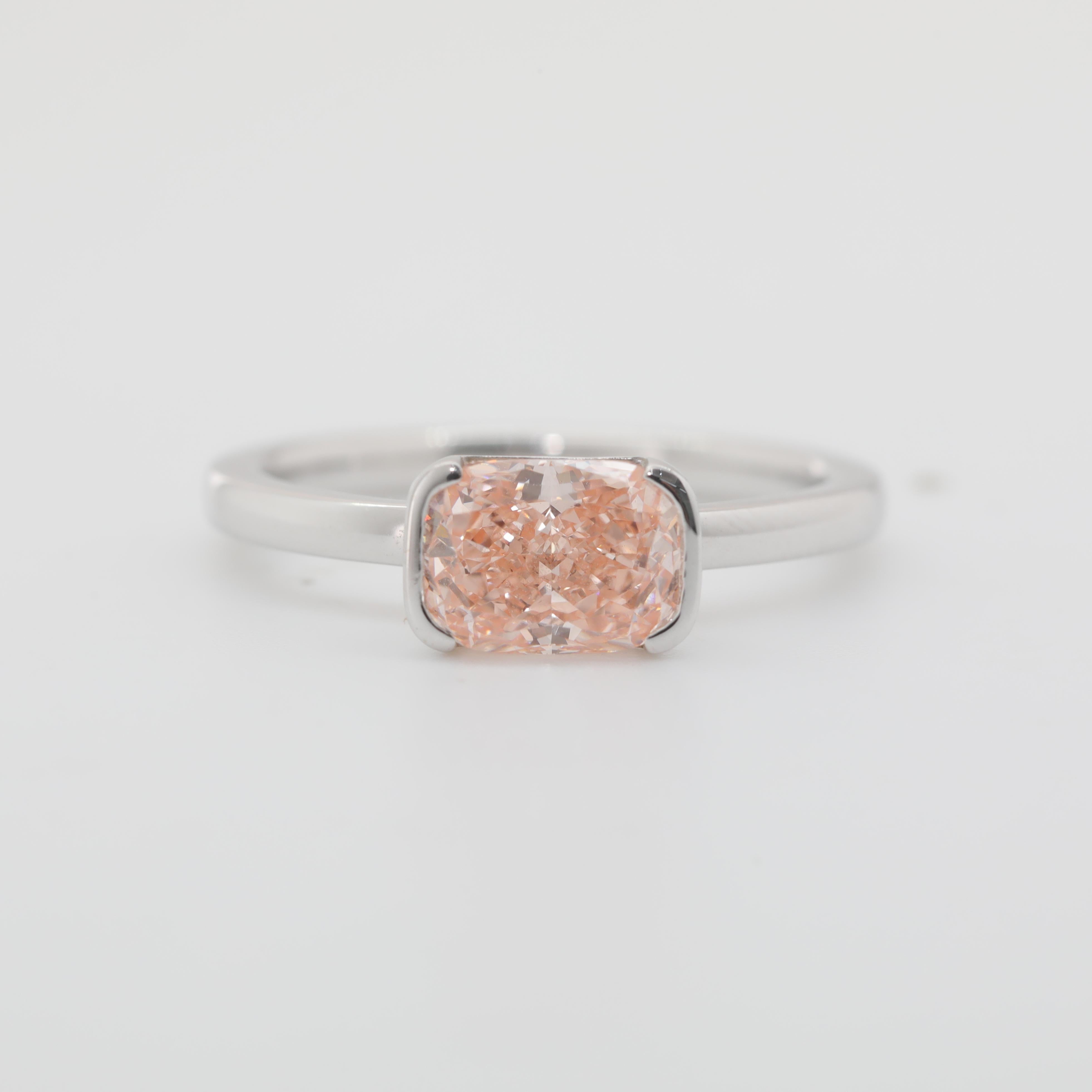 14K White Gold 1.69ct Elongated Cushion Cut Pink Lab Diamond Half Bezel Solitaire Ring - MMR