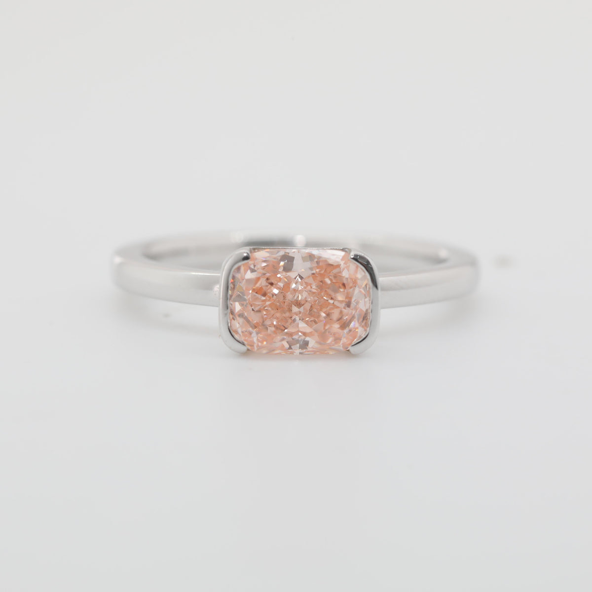 14K White Gold 1.69ct Elongated Cushion Cut Pink Lab Diamond Half Bezel Solitaire Ring - MMR