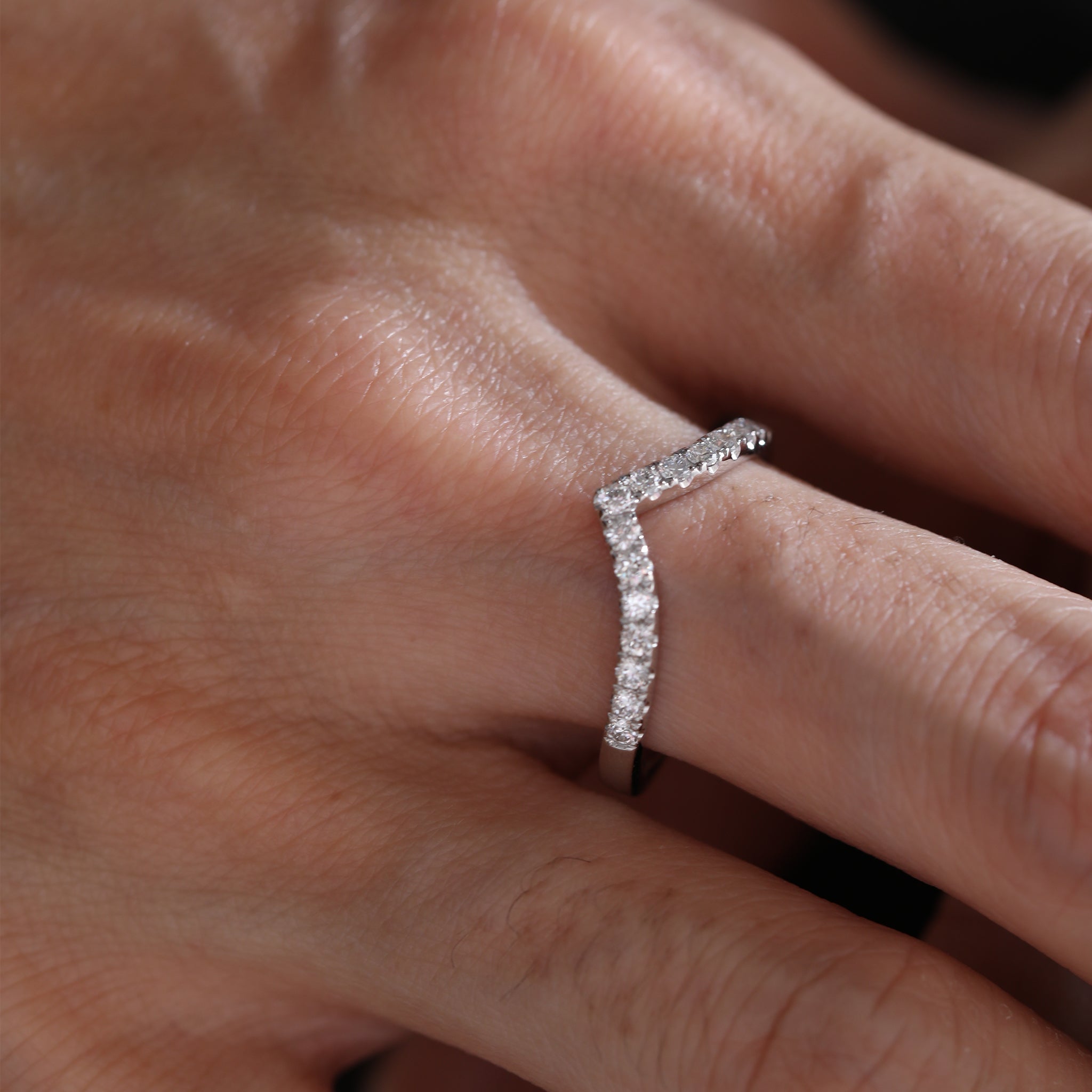 14K White Gold 1.7mm Round Diamond V - Shaped Half Eternity Ring - MMR