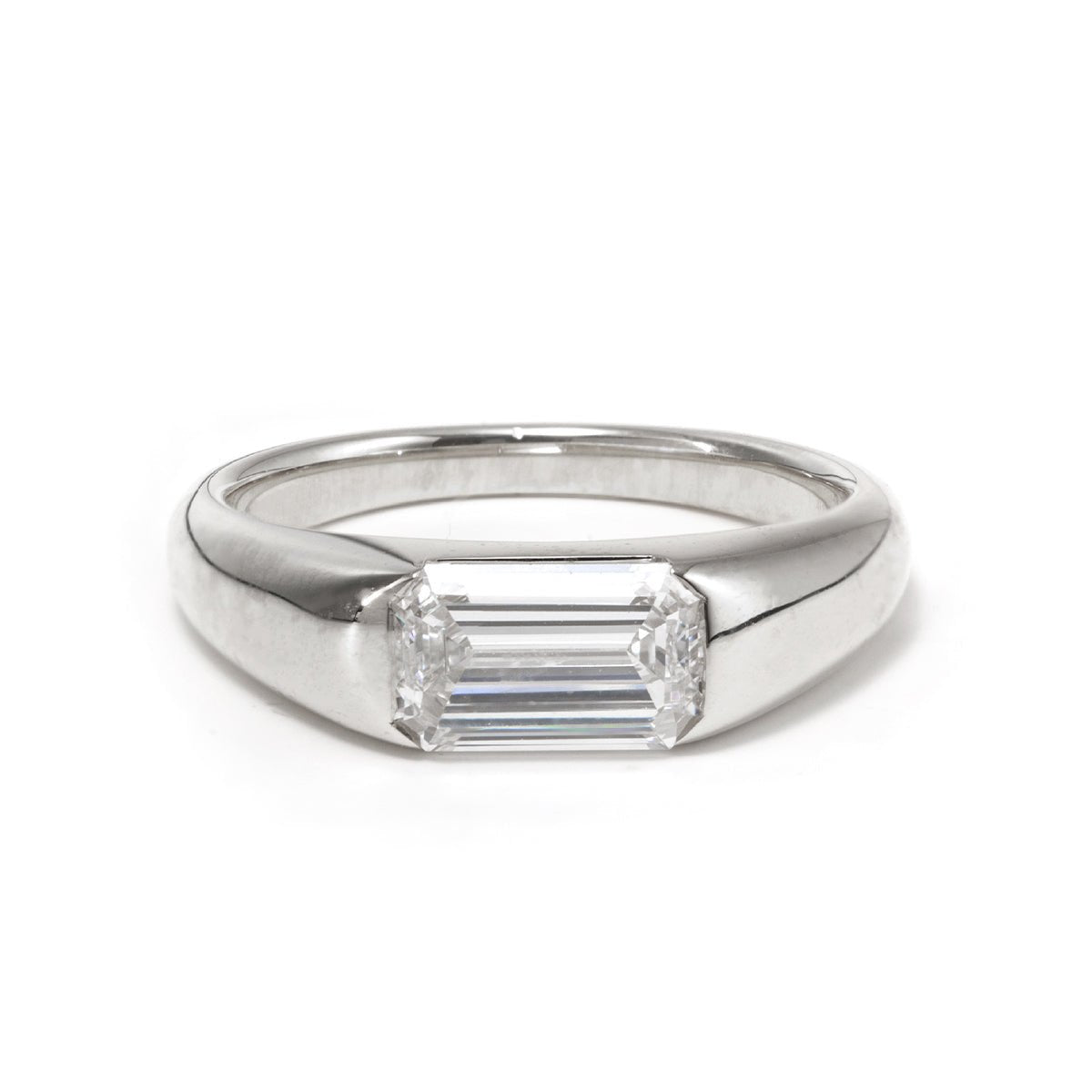 14K White Gold 1ct Emerald Cut Lab Diamond Half Bezel Ring with Tapered Band Design - MMR
