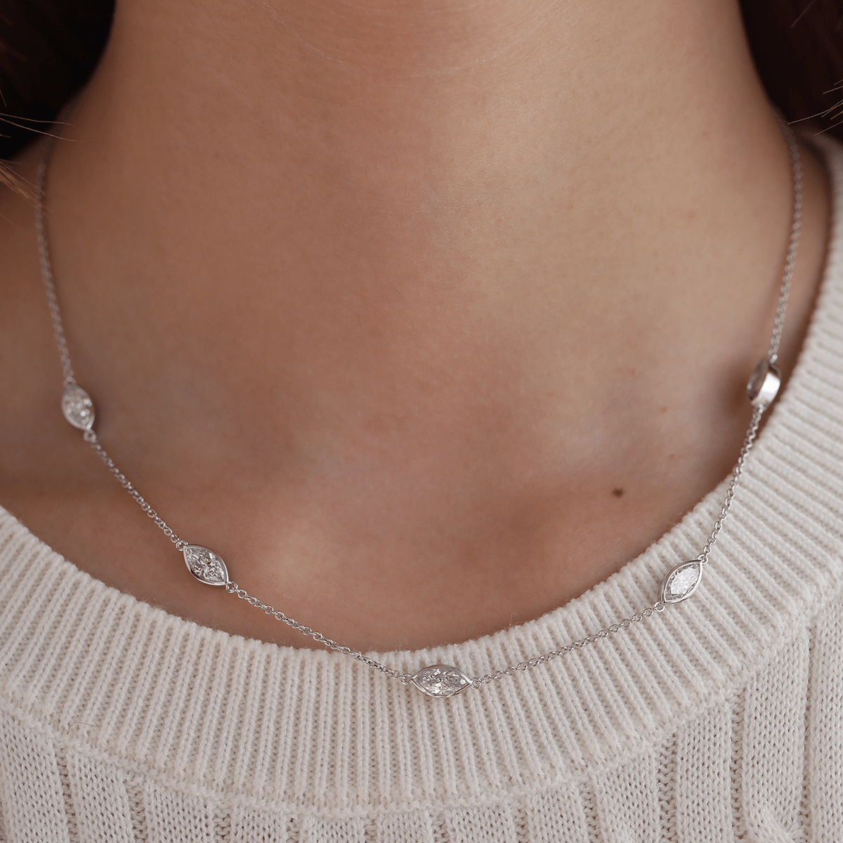 14K White Gold 2.5 ct tw Marquise Cut Lab Diamond Bezel 5 - Stone Station Necklace - MMR