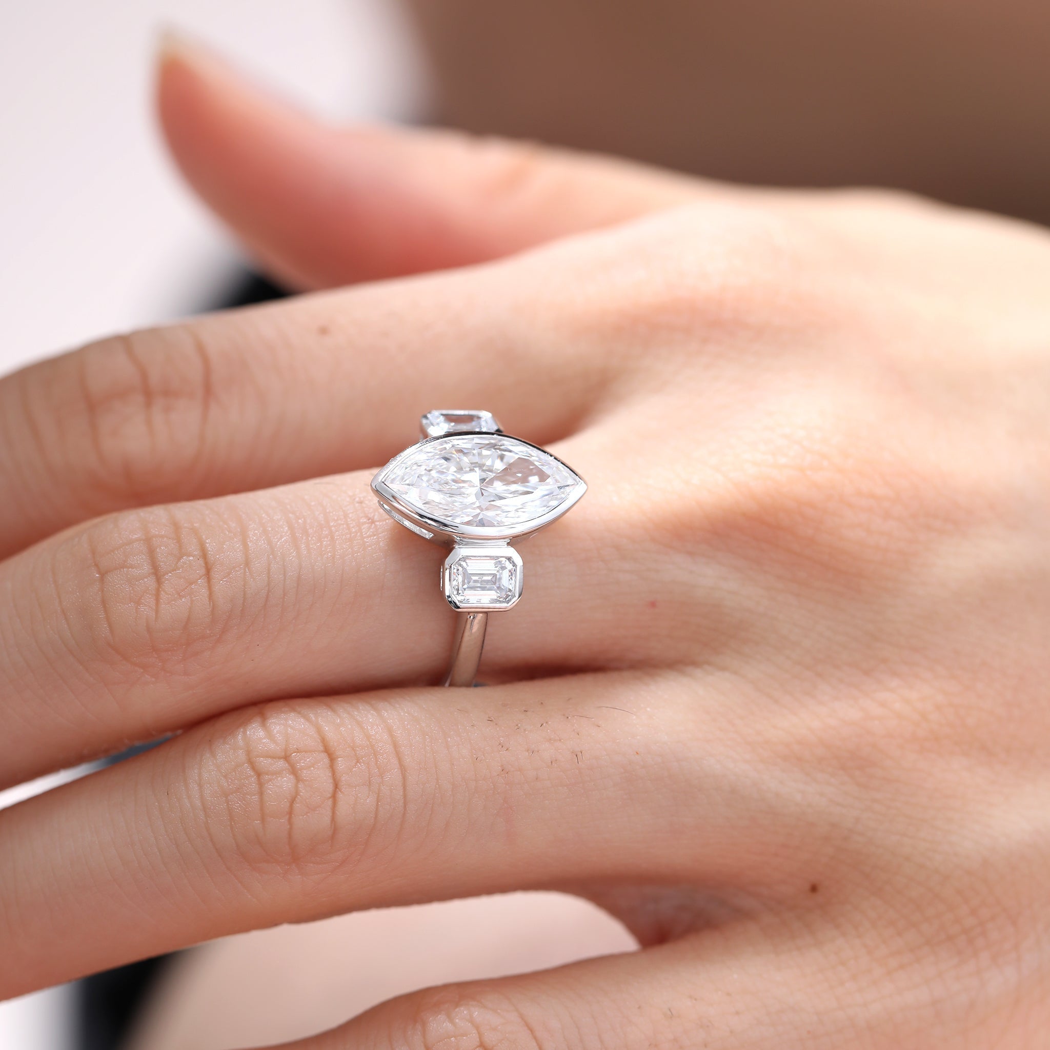 14K White Gold 2.53CT (IGI) Marquise Brilliant Cut Lab Diamond Three Stone Ring - MMR