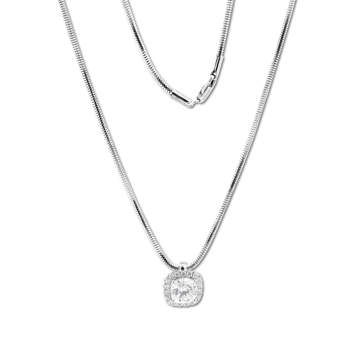 14K White Gold 2ct Cushion Lab Diamond Pendant Necklace with Round Lab Diamond Halo and Snake Chain - MMR