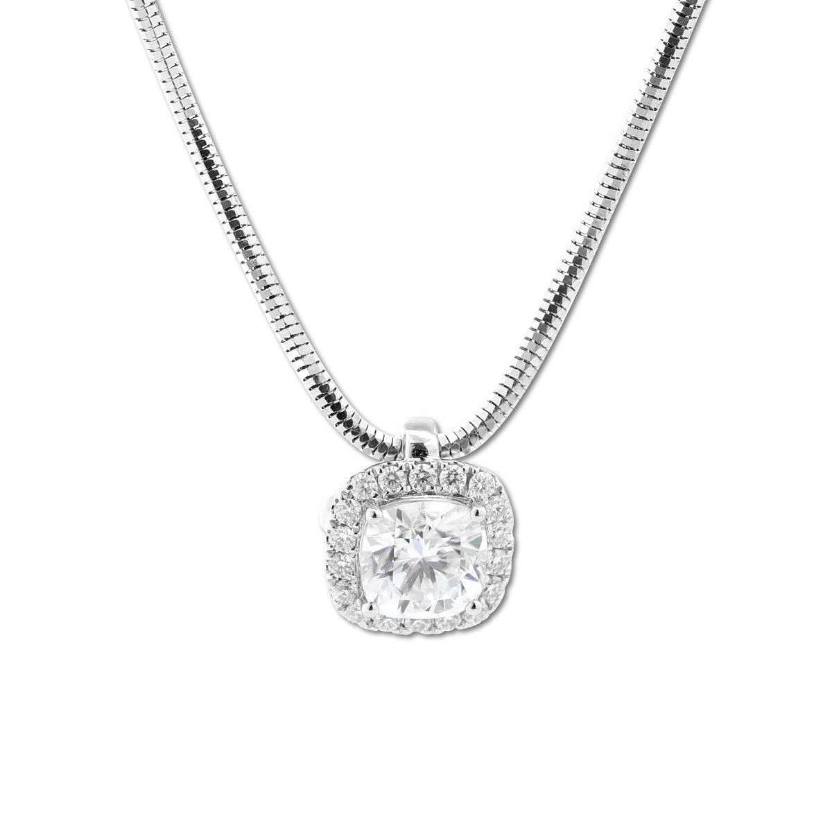 14K White Gold 2ct Cushion Lab Diamond Pendant Necklace with Round Lab Diamond Halo and Snake Chain - MMR