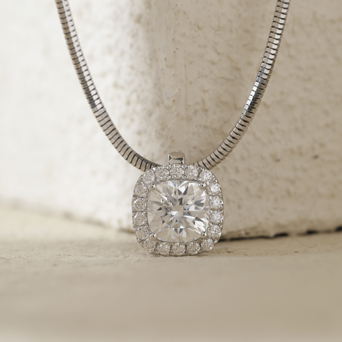 14K White Gold 2ct Cushion Lab Diamond Pendant Necklace with Round Lab Diamond Halo and Snake Chain - MMR