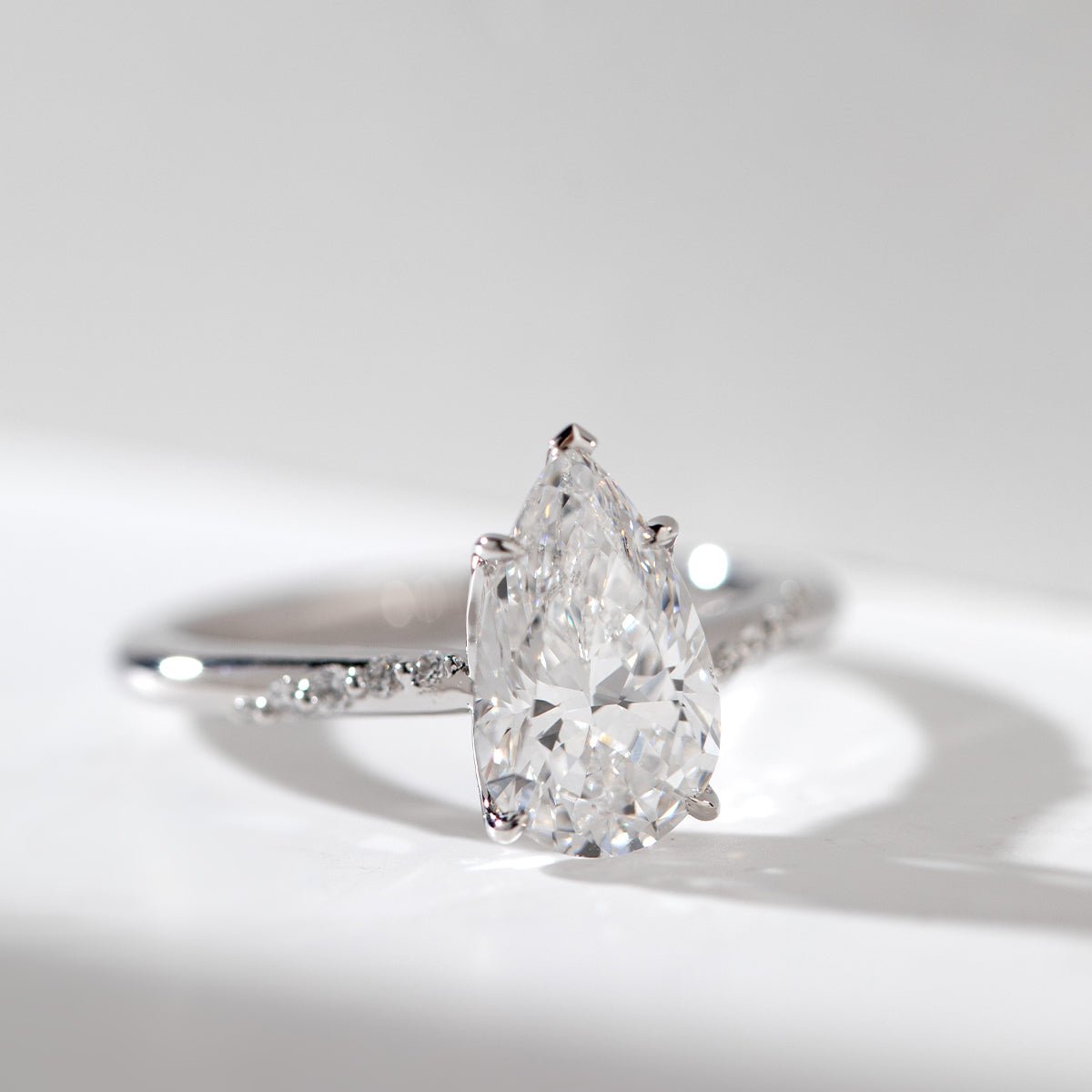 14K White Gold 2ct Pear Cut Lab Diamond Ring with Twist Pave Band and Floral Basket Head Design - MMR