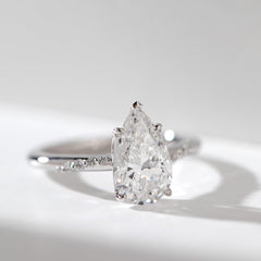 14K White Gold 2ct Pear Cut Lab Diamond Ring with Twist Pave Band and Floral Basket Head Design - MMR