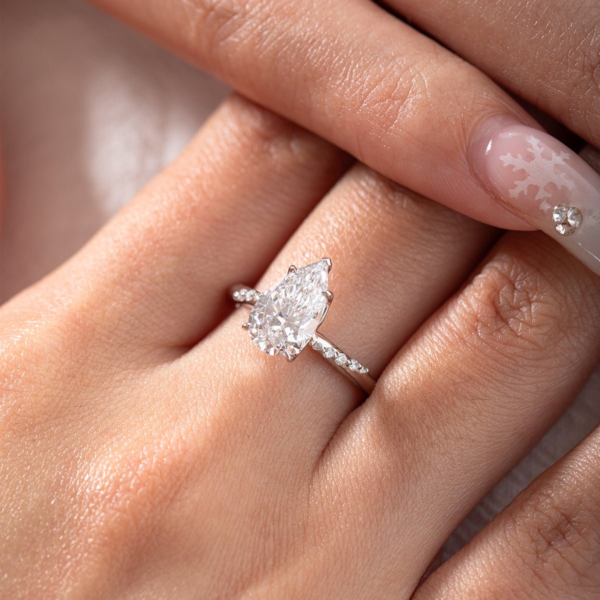 14K White Gold 2ct Pear Cut Lab Diamond Ring with Twist Pave Band and Floral Basket Head Design - MMR