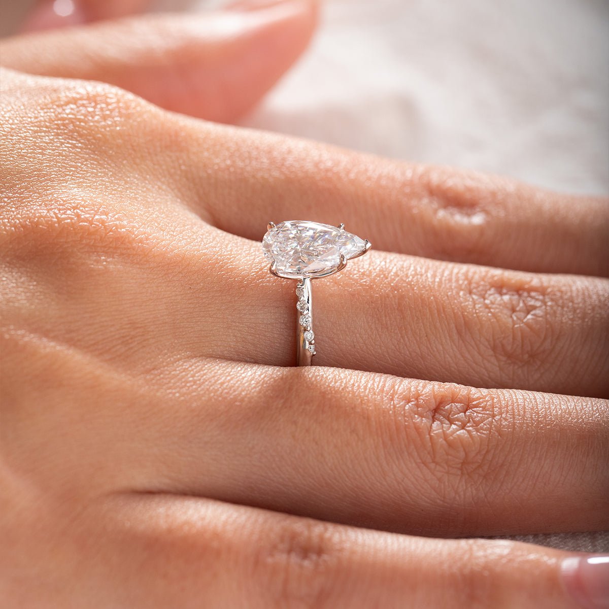 14K White Gold 2ct Pear Cut Lab Diamond Ring with Twist Pave Band and Floral Basket Head Design - MMR