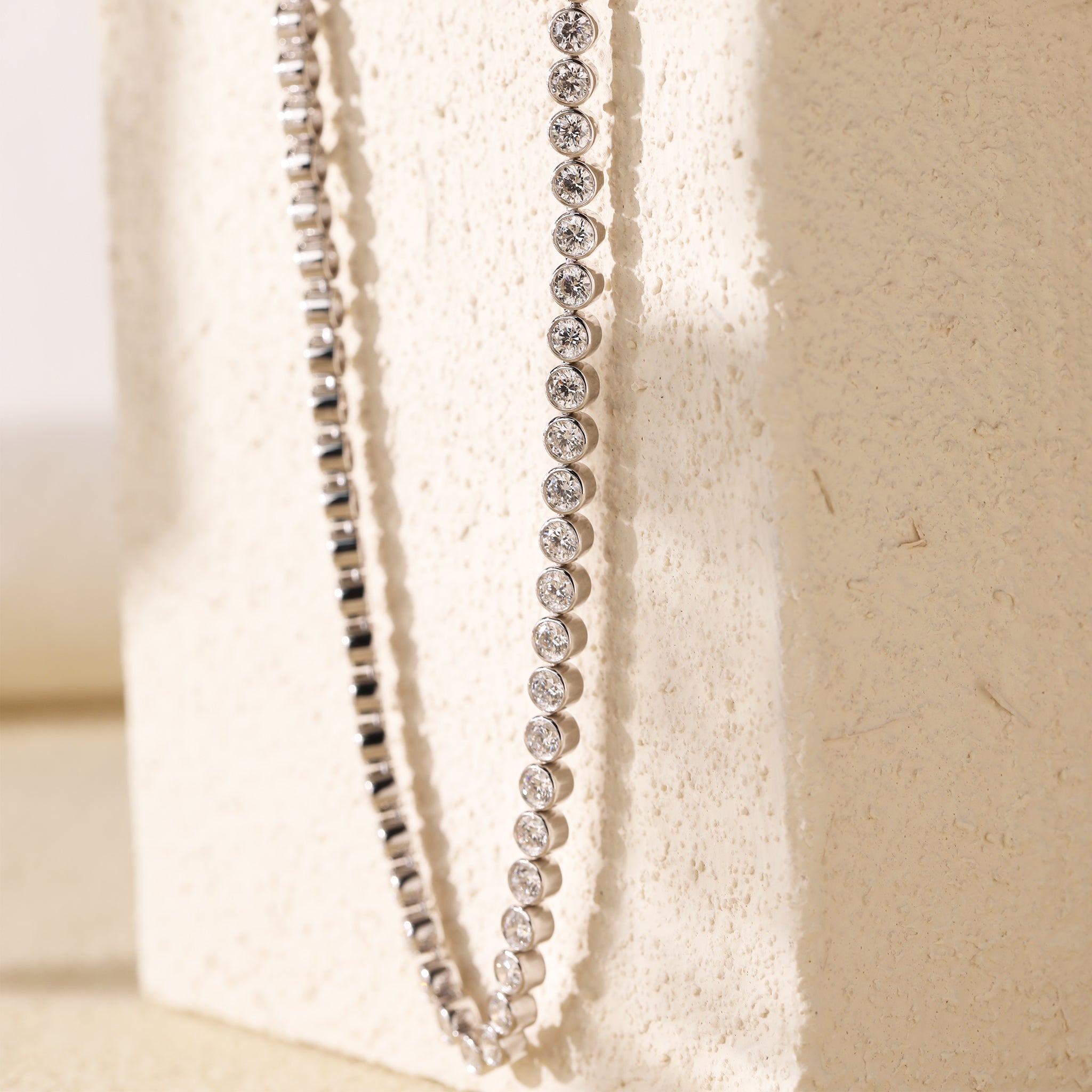 14K White Gold 3.2mm Round Brilliant Lab diamond Bezel - Set Tennis Necklace (18") - MMR