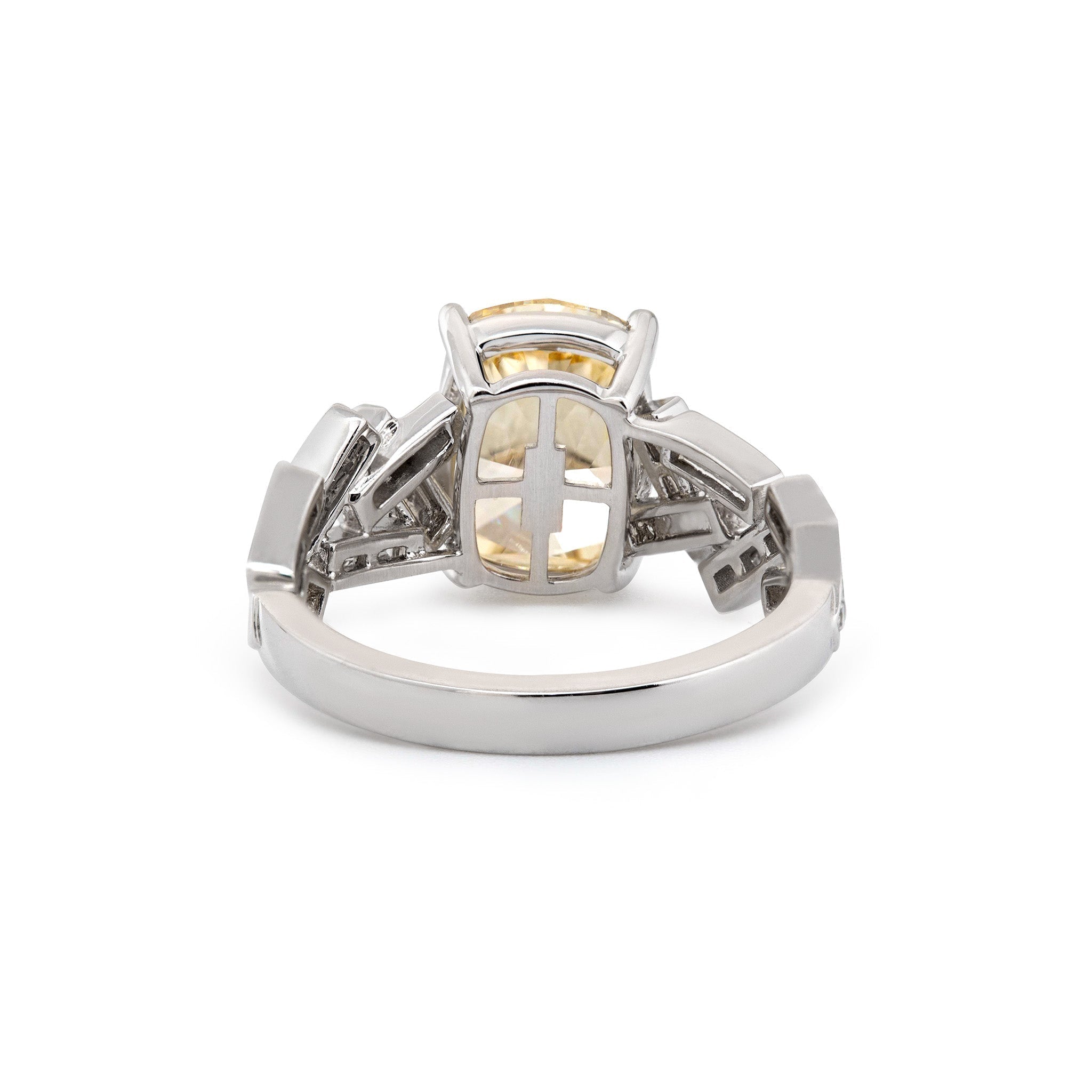 14K White Gold 3.49CT Cushion Lab Yellow Lab Diamond Ring with Geometric - designed Band - MMR