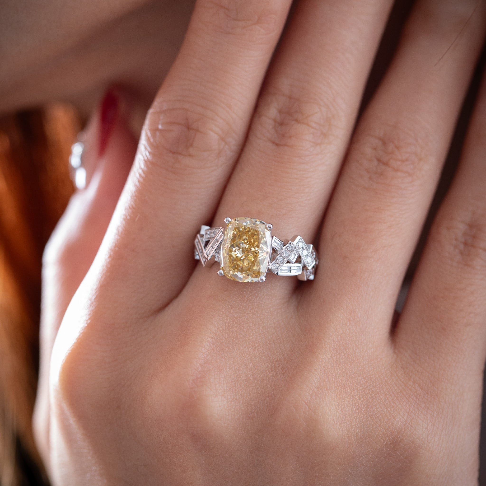 14K White Gold 3.49CT Cushion Lab Yellow Lab Diamond Ring with Geometric - designed Band - MMR