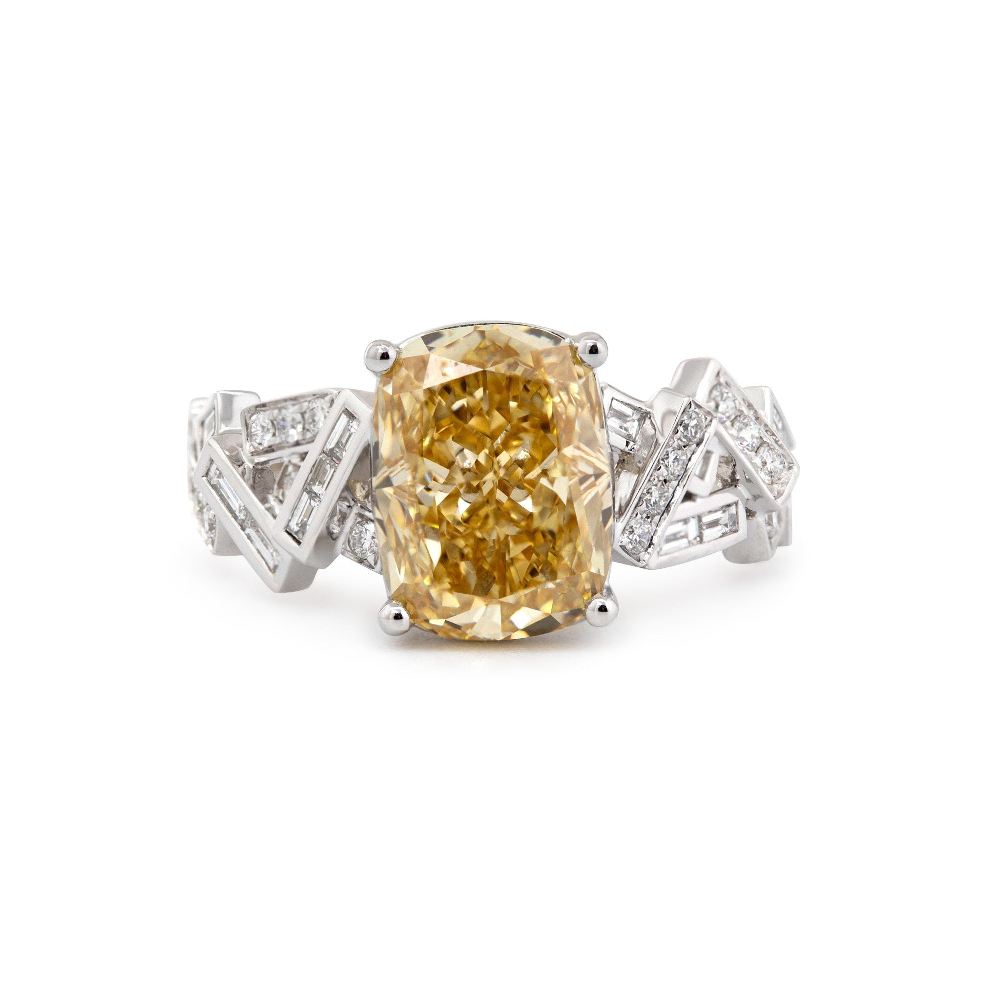 14K White Gold 3.49CT Cushion Lab Yellow Lab Diamond Ring with Geometric - designed Band - MMR