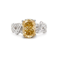 14K White Gold 3.49CT Cushion Lab Yellow Lab Diamond Ring with Geometric - designed Band - MMR