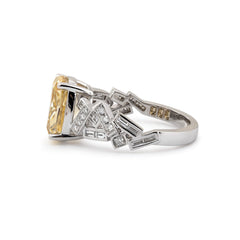 14K White Gold 3.49CT Cushion Lab Yellow Lab Diamond Ring with Geometric - designed Band - MMR
