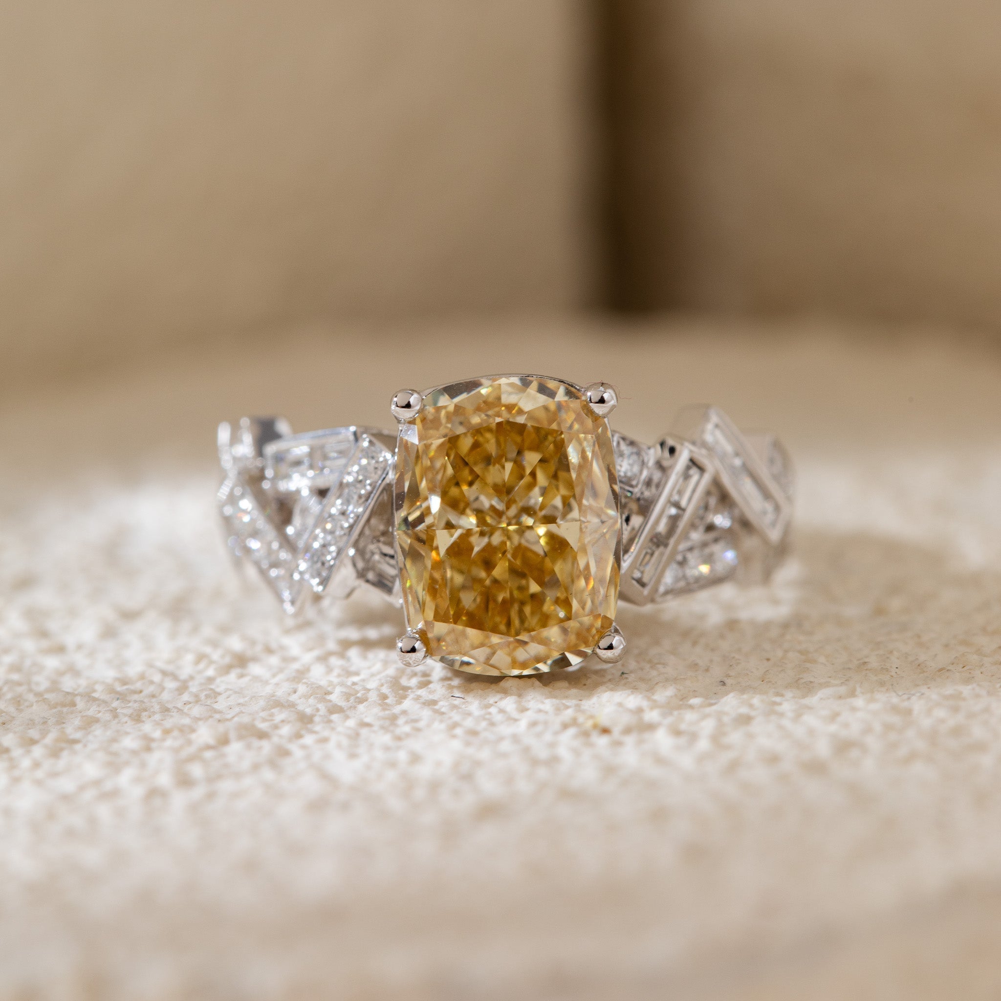 14K White Gold 3.49CT Cushion Lab Yellow Lab Diamond Ring with Geometric - designed Band - MMR