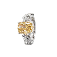 14K White Gold 3.49CT Cushion Lab Yellow Lab Diamond Ring with Geometric - designed Band - MMR