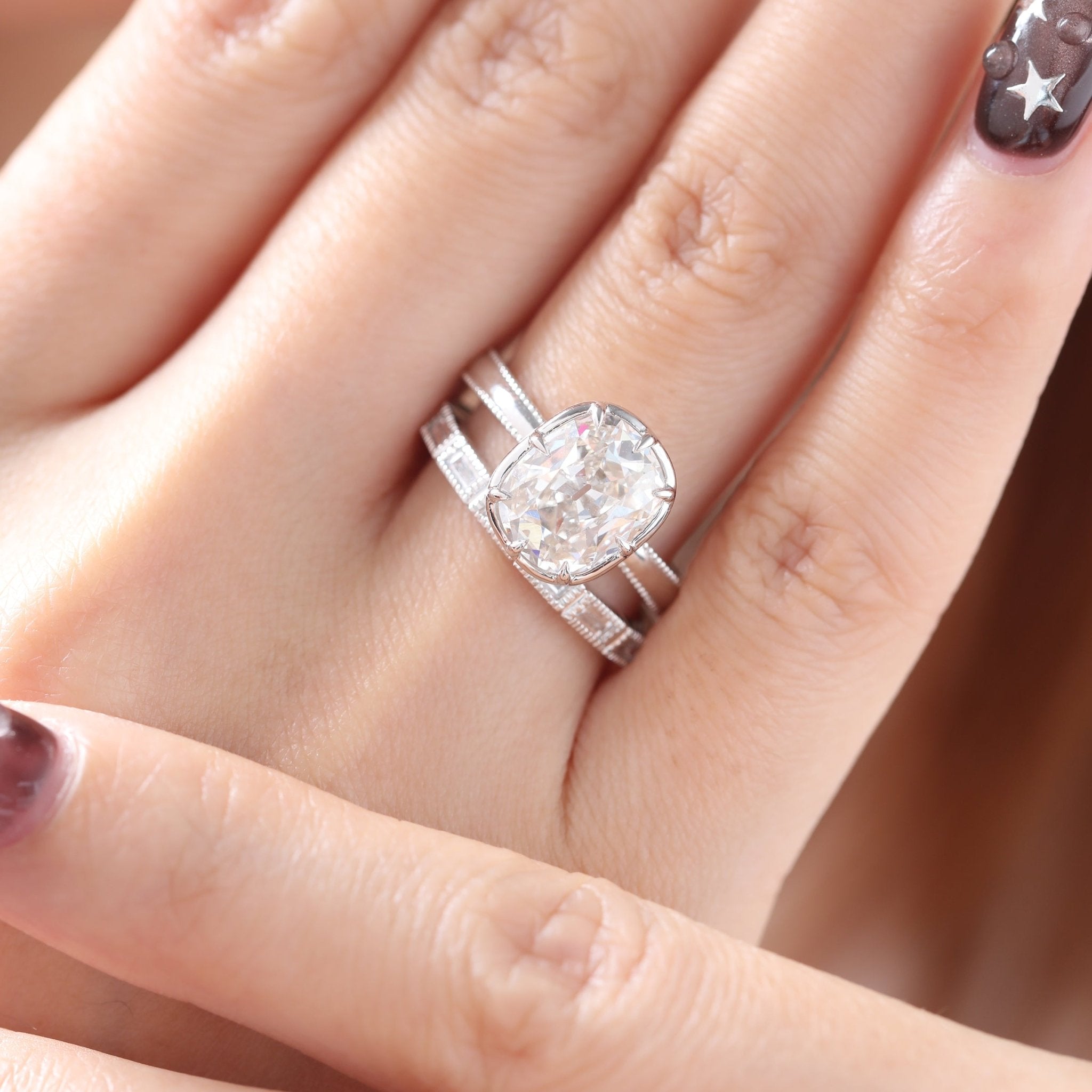 14K White Gold 3ct Elongated Old Mine Cut Lab Diamond 8 Claw Prong Basket Solitaire Ring with Millegrain Tapered Band Design - MMR