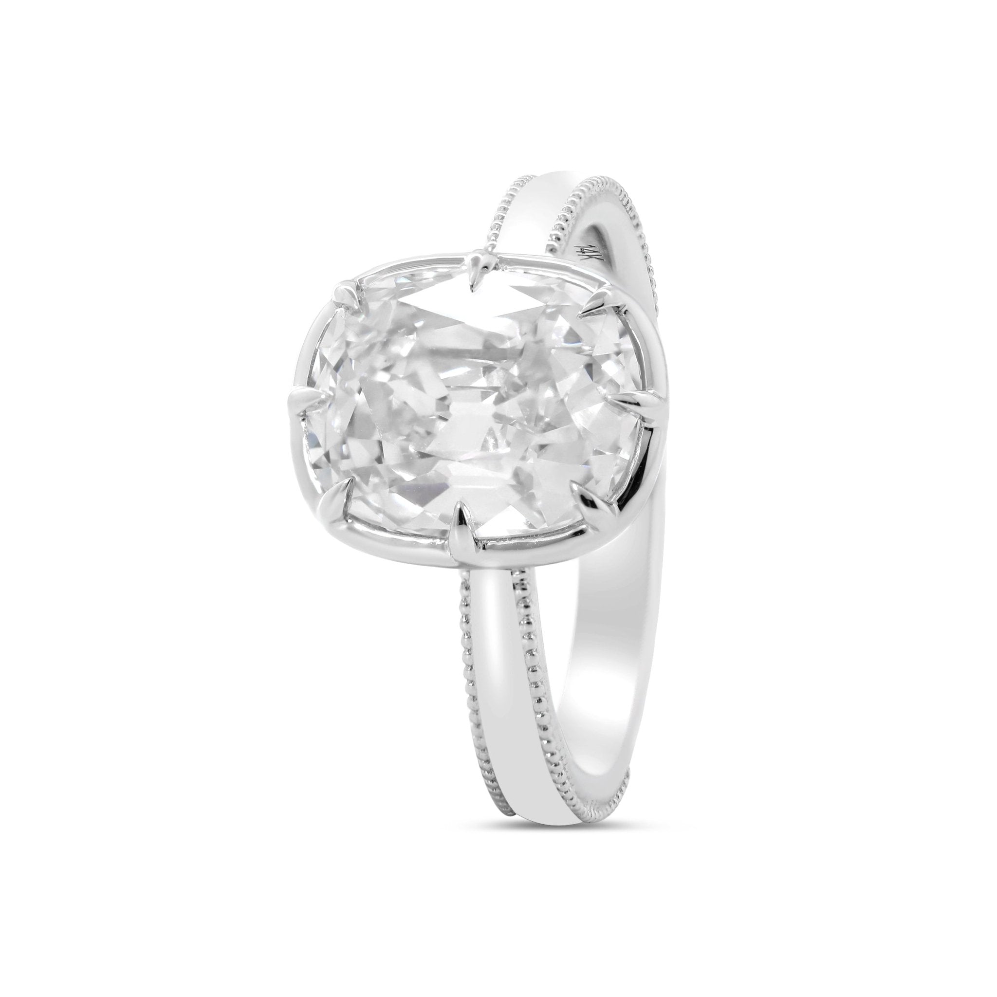 14K White Gold 3ct Elongated Old Mine Cut Lab Diamond 8 Claw Prong Basket Solitaire Ring with Millegrain Tapered Band Design - MMR