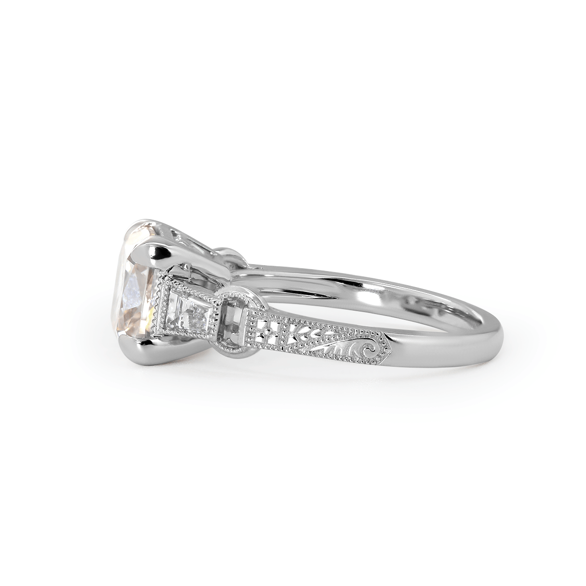 14K White Gold 3ct Old Mine Cut Lab Diamond Art Deco Style Vintage Engraved Three - stone Ring with Tapered Baguette Cut Side Stones - MMR