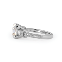 14K White Gold 3ct Old Mine Cut Lab Diamond Art Deco Style Vintage Engraved Three - stone Ring with Tapered Baguette Cut Side Stones - MMR