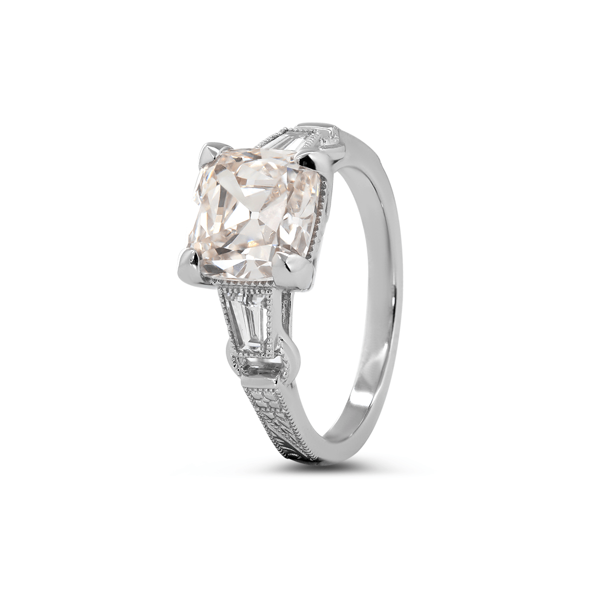 14K White Gold 3ct Old Mine Cut Lab Diamond Art Deco Style Vintage Engraved Three - stone Ring with Tapered Baguette Cut Side Stones - MMR
