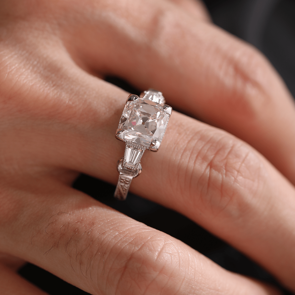 14K White Gold 3ct Old Mine Cut Lab Diamond Art Deco Style Vintage Engraved Three - stone Ring with Tapered Baguette Cut Side Stones - MMR