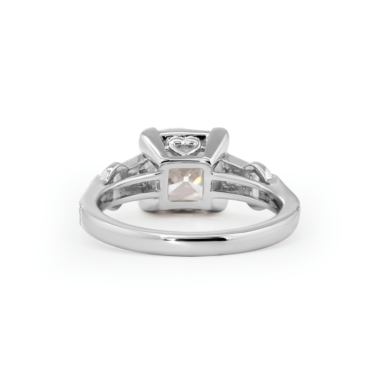 14K White Gold 3ct Old Mine Cut Lab Diamond Art Deco Style Vintage Engraved Three - stone Ring with Tapered Baguette Cut Side Stones - MMR