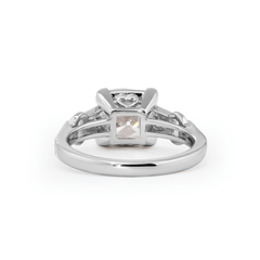 14K White Gold 3ct Old Mine Cut Lab Diamond Art Deco Style Vintage Engraved Three - stone Ring with Tapered Baguette Cut Side Stones - MMR