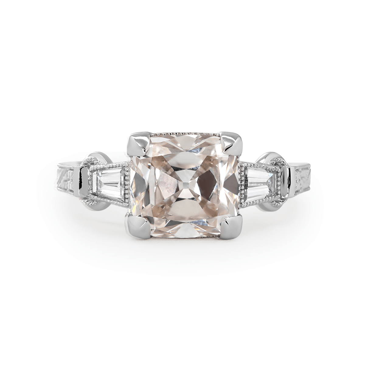 14K White Gold 3ct Old Mine Cut Lab Diamond Art Deco Style Vintage Engraved Three - stone Ring with Tapered Baguette Cut Side Stones - MMR