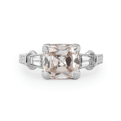 14K White Gold 3ct Old Mine Cut Lab Diamond Art Deco Style Vintage Engraved Three - stone Ring with Tapered Baguette Cut Side Stones - MMR