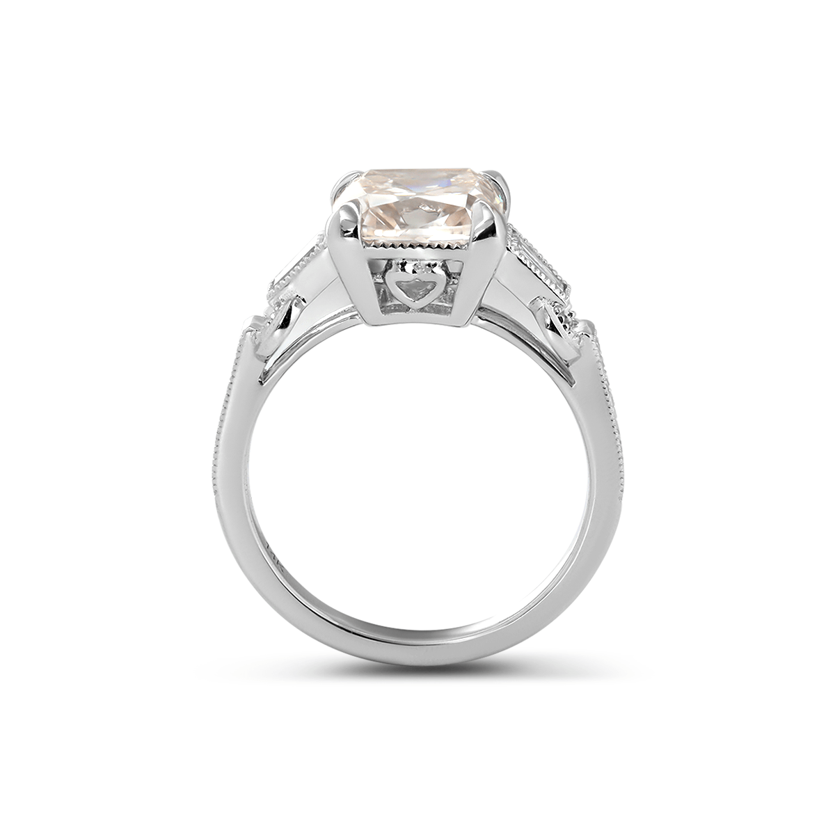 14K White Gold 3ct Old Mine Cut Lab Diamond Art Deco Style Vintage Engraved Three - stone Ring with Tapered Baguette Cut Side Stones - MMR