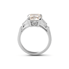 14K White Gold 3ct Old Mine Cut Lab Diamond Art Deco Style Vintage Engraved Three - stone Ring with Tapered Baguette Cut Side Stones - MMR