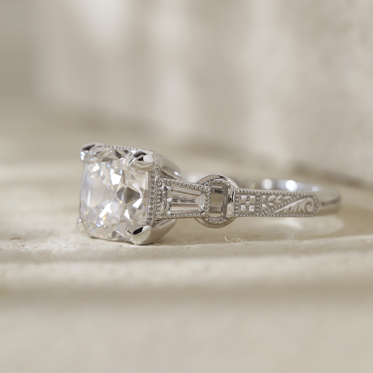 14K White Gold 3ct Old Mine Cut Lab Diamond Art Deco Style Vintage Engraved Three - stone Ring with Tapered Baguette Cut Side Stones - MMR