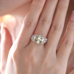 14K White Gold 4.1CT Cushion Old Mine Cut Lab Yellow Diamond Vintage Inspired Ring - MMR
