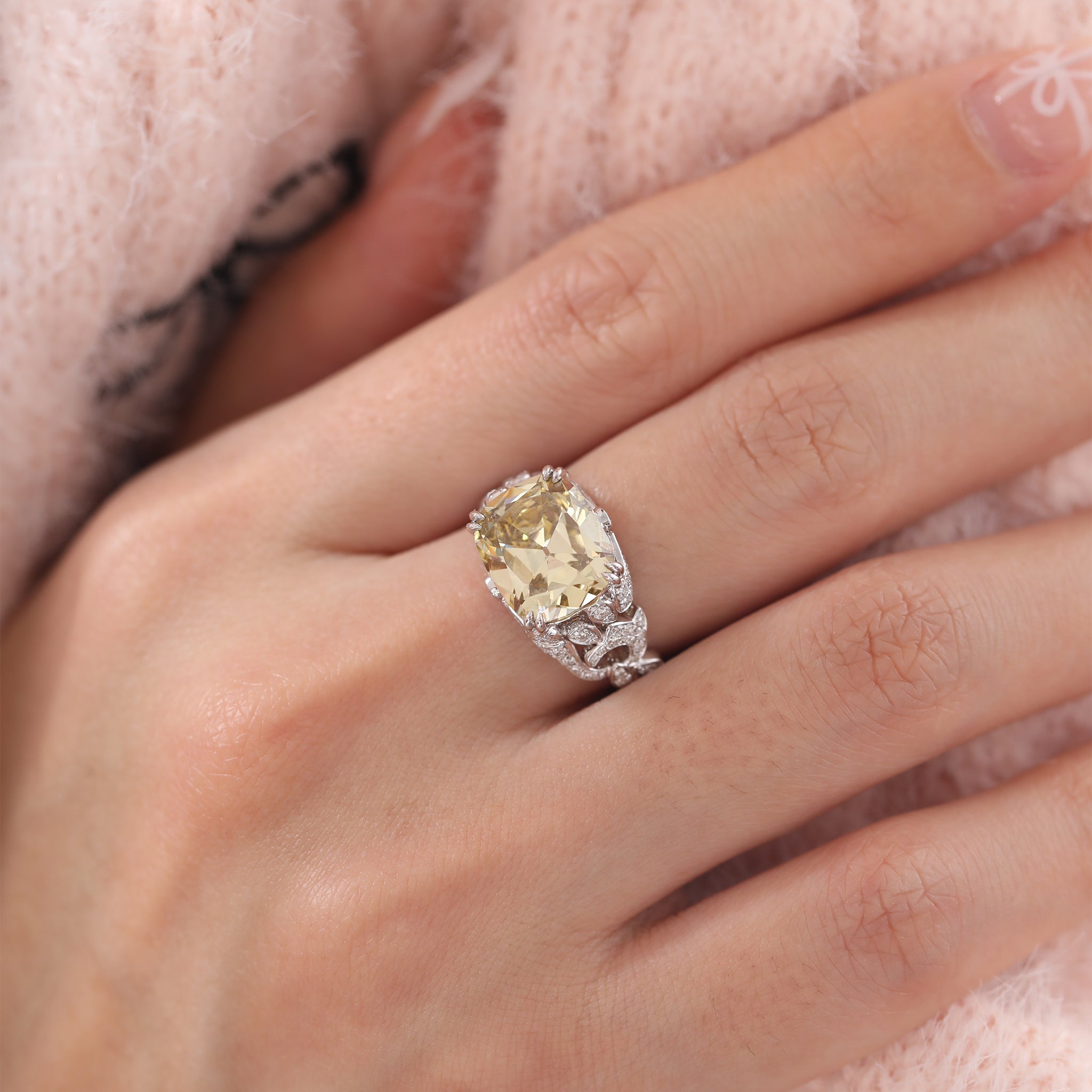 14K White Gold 4.1CT Cushion Old Mine Cut Lab Yellow Diamond Vintage Inspired Ring - MMR