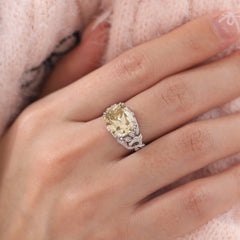 14K White Gold 4.1CT Cushion Old Mine Cut Lab Yellow Diamond Vintage Inspired Ring - MMR