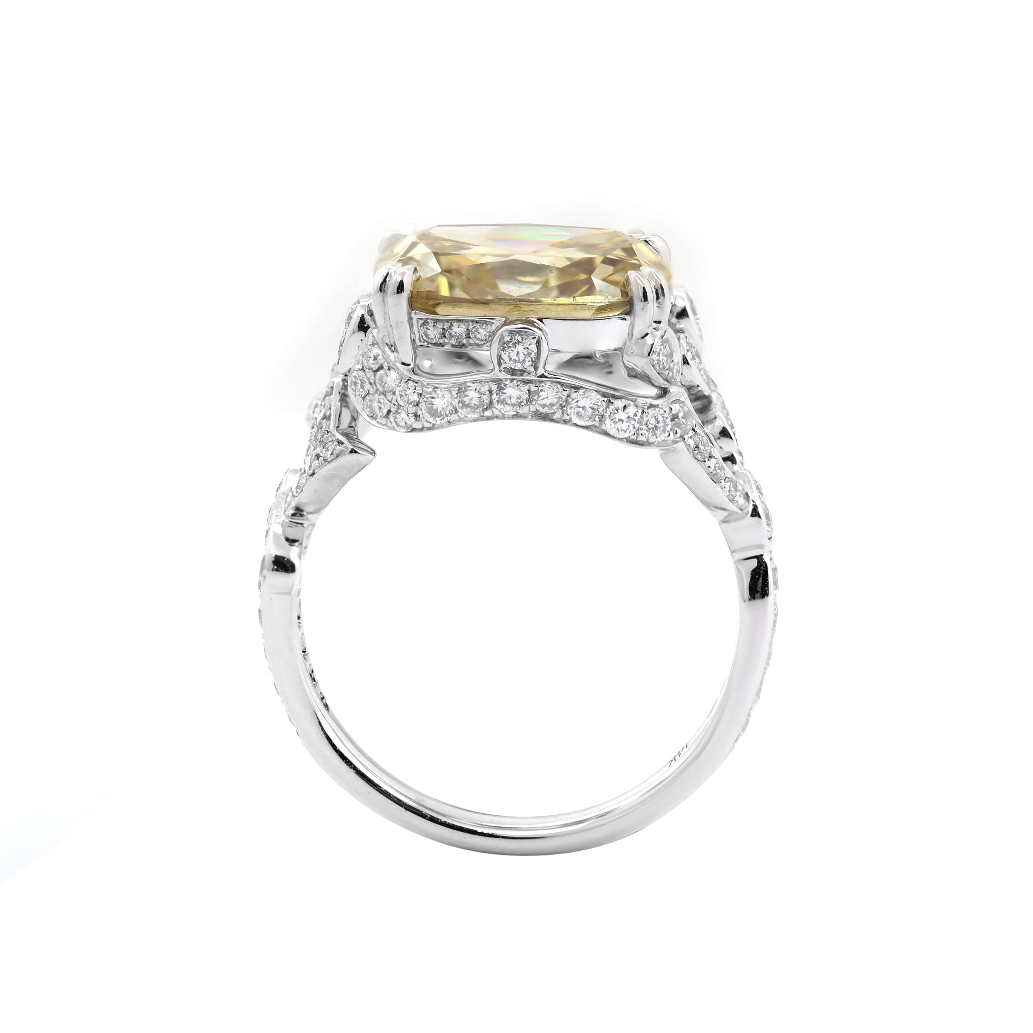 14K White Gold 4.1CT Cushion Old Mine Cut Lab Yellow Diamond Vintage Inspired Ring - MMR